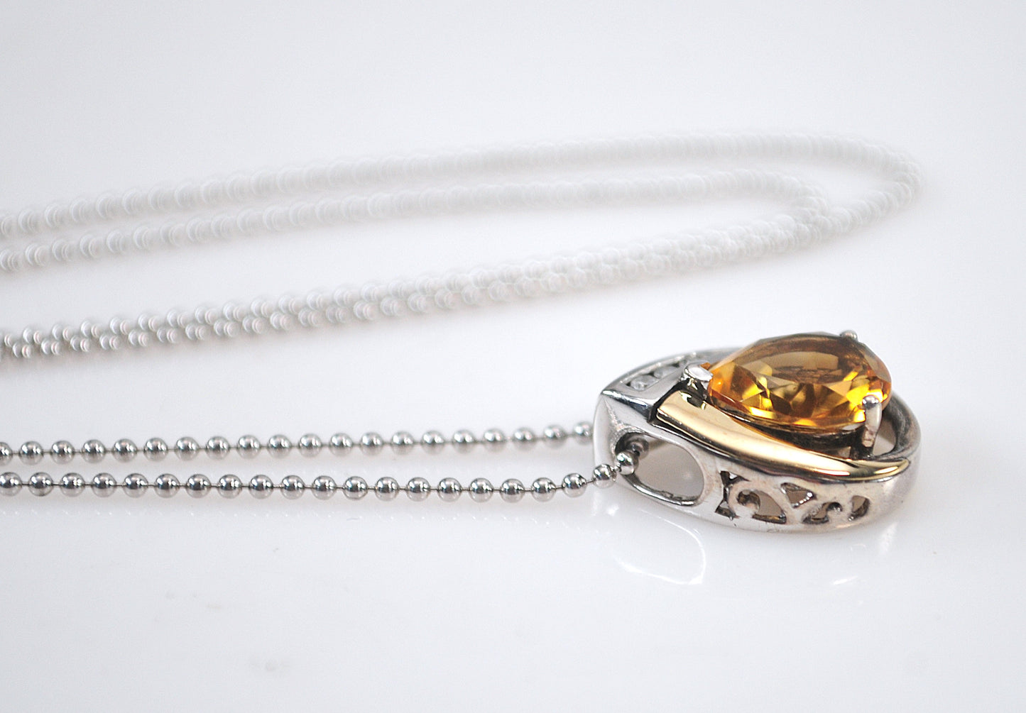 Signed Sterling Silver 14K Gold Citrine Diamond Pendant Necklace