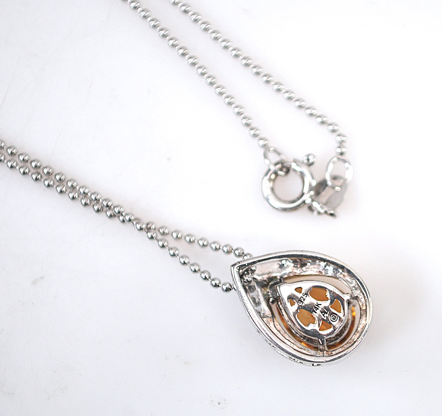 Signed Sterling Silver 14K Gold Citrine Diamond Pendant Necklace