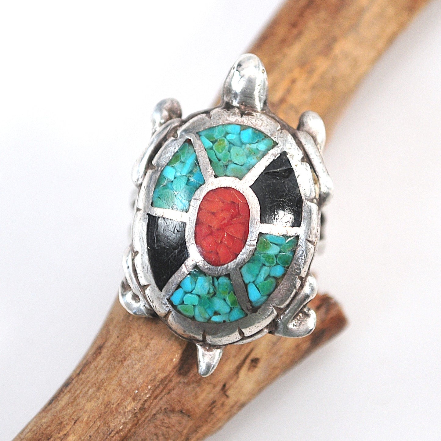 Southwestern Sterling Silver Crushed Coral Turquoise Inlay Turtle Ring