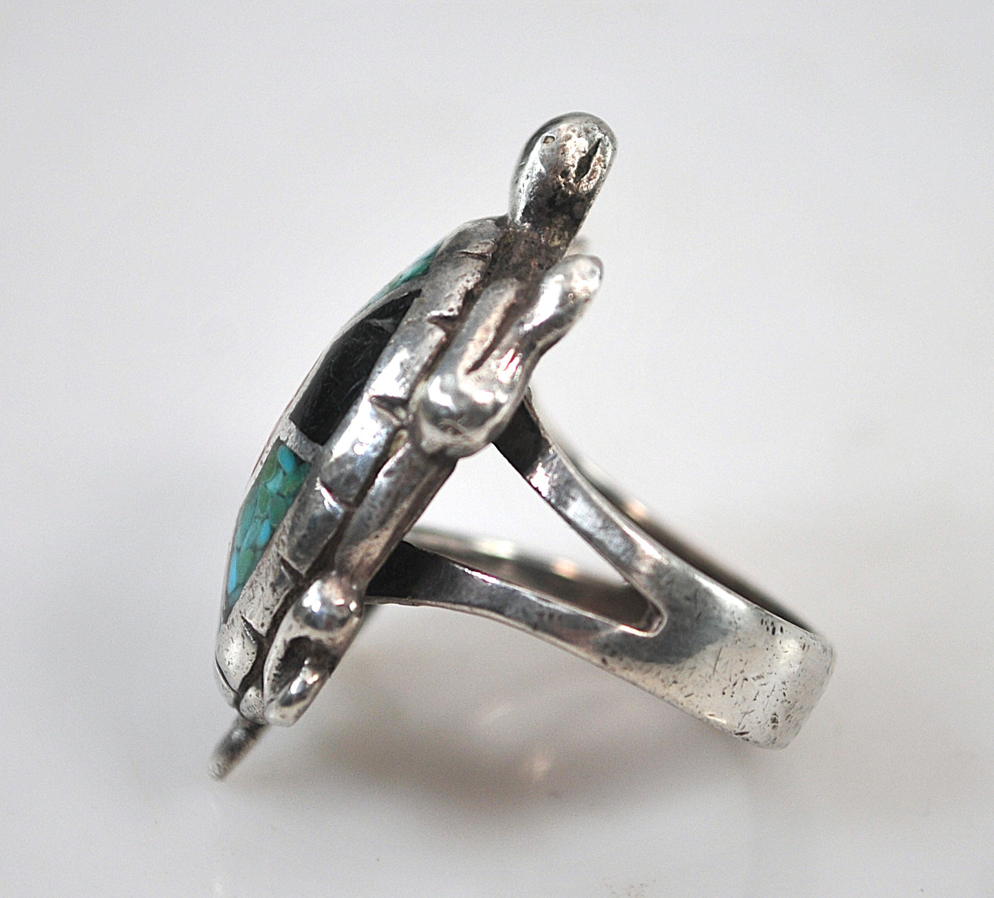 Southwestern Sterling Silver Crushed Coral Turquoise Inlay Turtle Ring