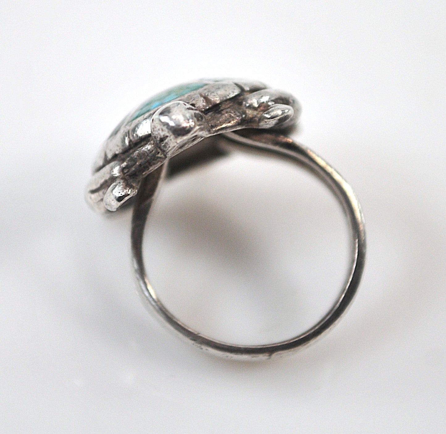 Southwestern Sterling Silver Crushed Coral Turquoise Inlay Turtle Ring