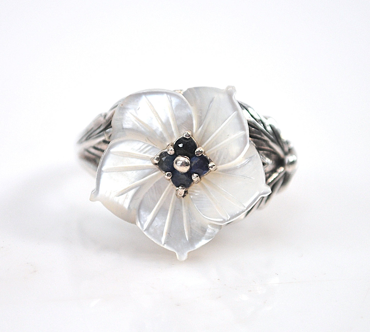Lee Sands Sterling Silver Mother of Pearl Sapphire Flower Ring