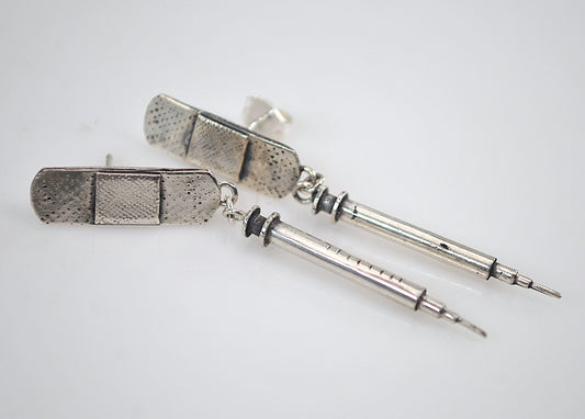 Sterling Silver Band-Aid Syringe Earrings