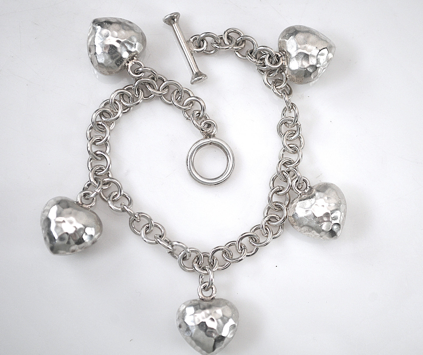 Heavy Sterling Silver Puffy Heart Charm Bracelet