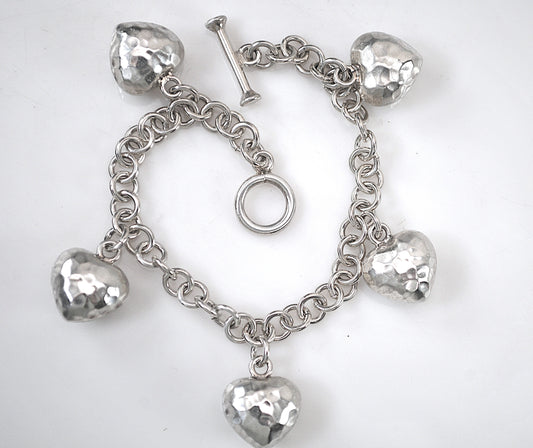 Heavy Sterling Silver Puffy Heart Charm Bracelet