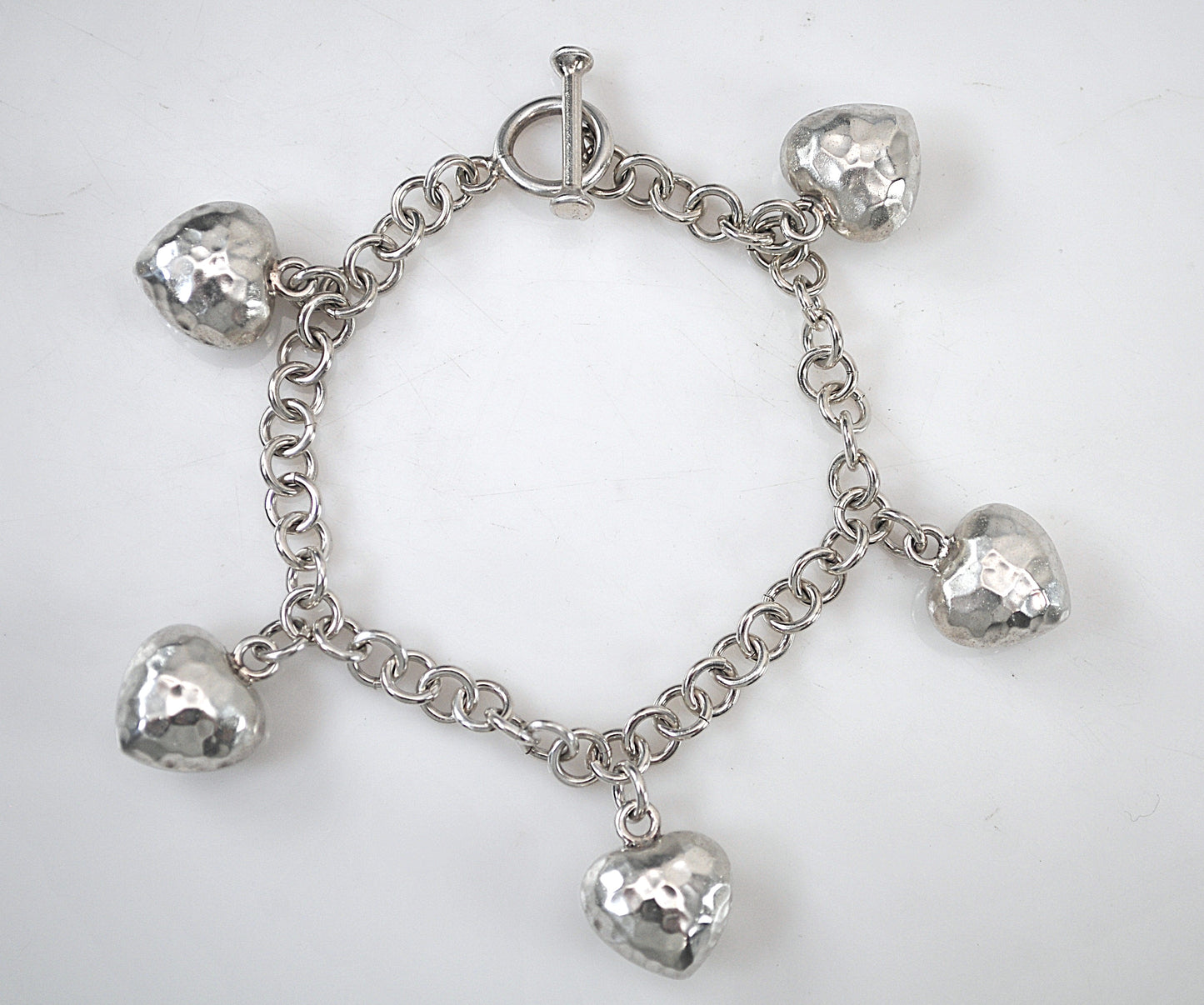 Heavy Sterling Silver Puffy Heart Charm Bracelet