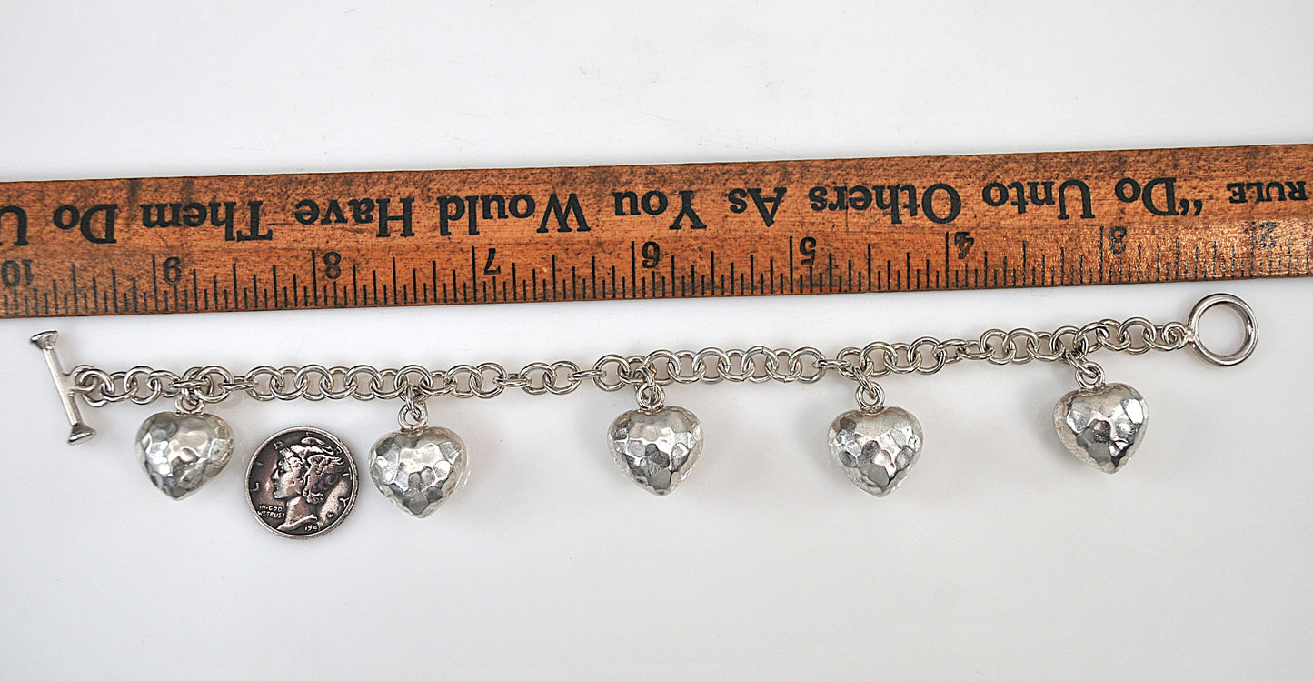 Heavy Sterling Silver Puffy Heart Charm Bracelet