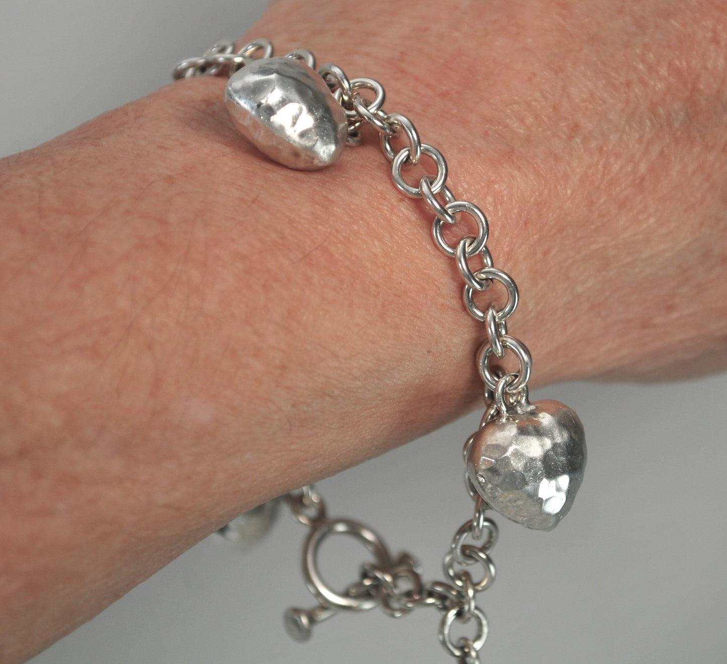 Heavy Sterling Silver Puffy Heart Charm Bracelet