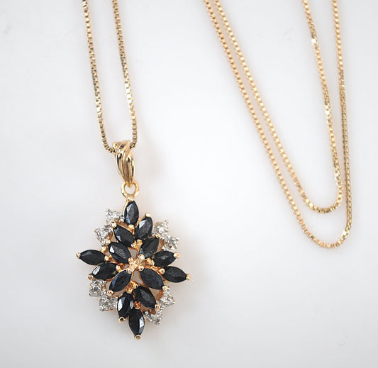 Designer Gold over Sterling Silver Sapphire Diamond Cluster Pendant Necklace