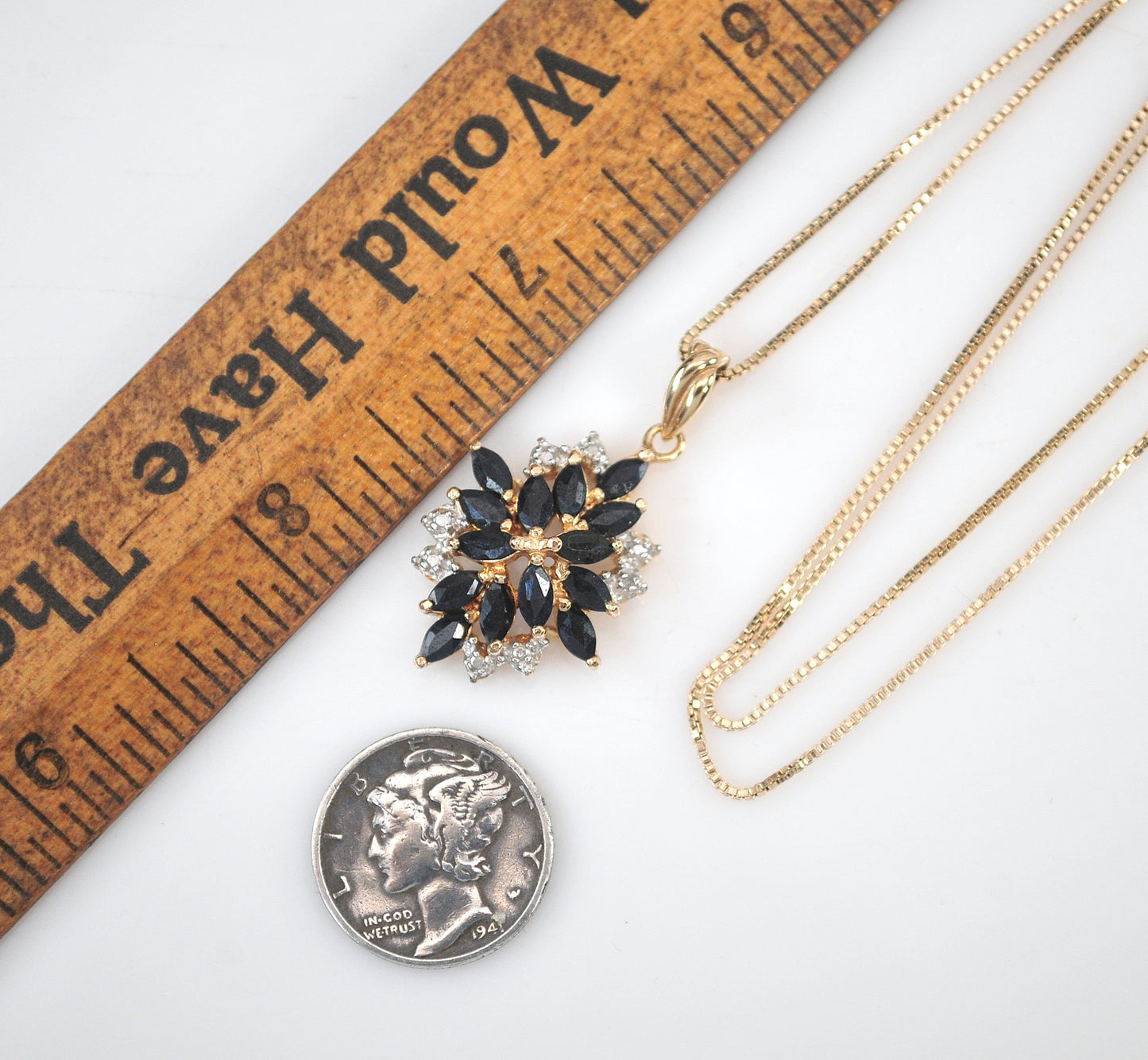 Designer Gold over Sterling Silver Sapphire Diamond Cluster Pendant Necklace