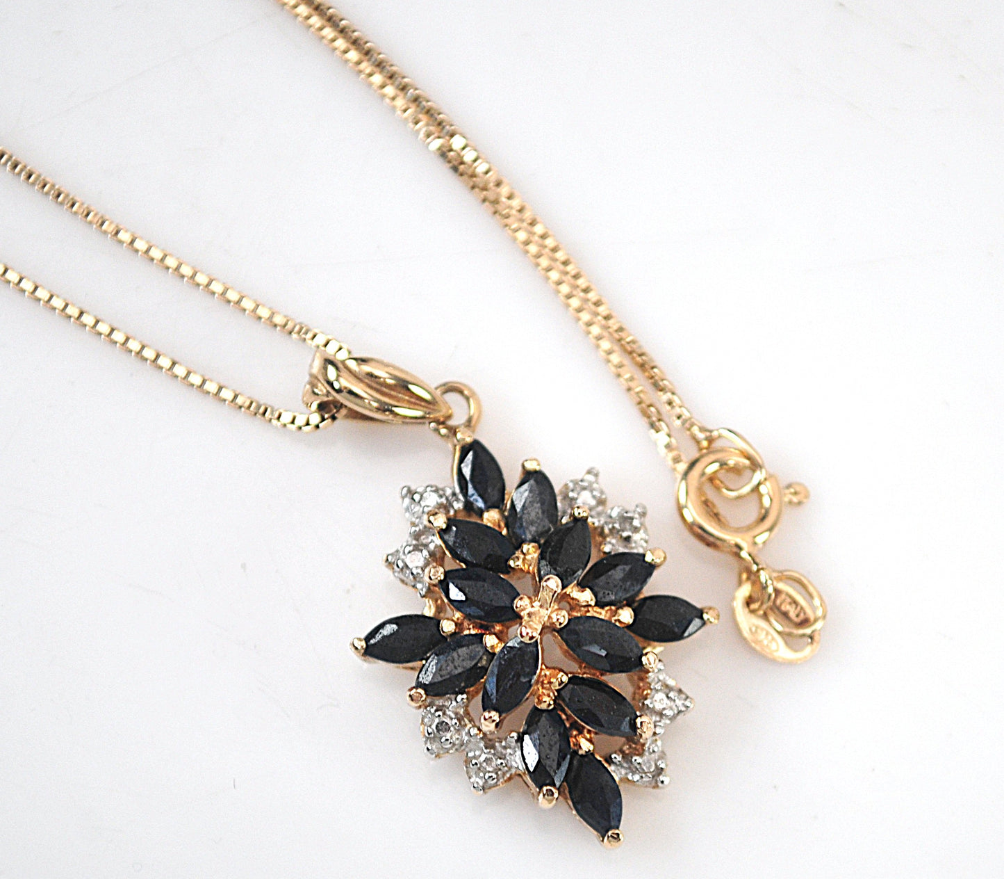 Designer Gold over Sterling Silver Sapphire Diamond Cluster Pendant Necklace