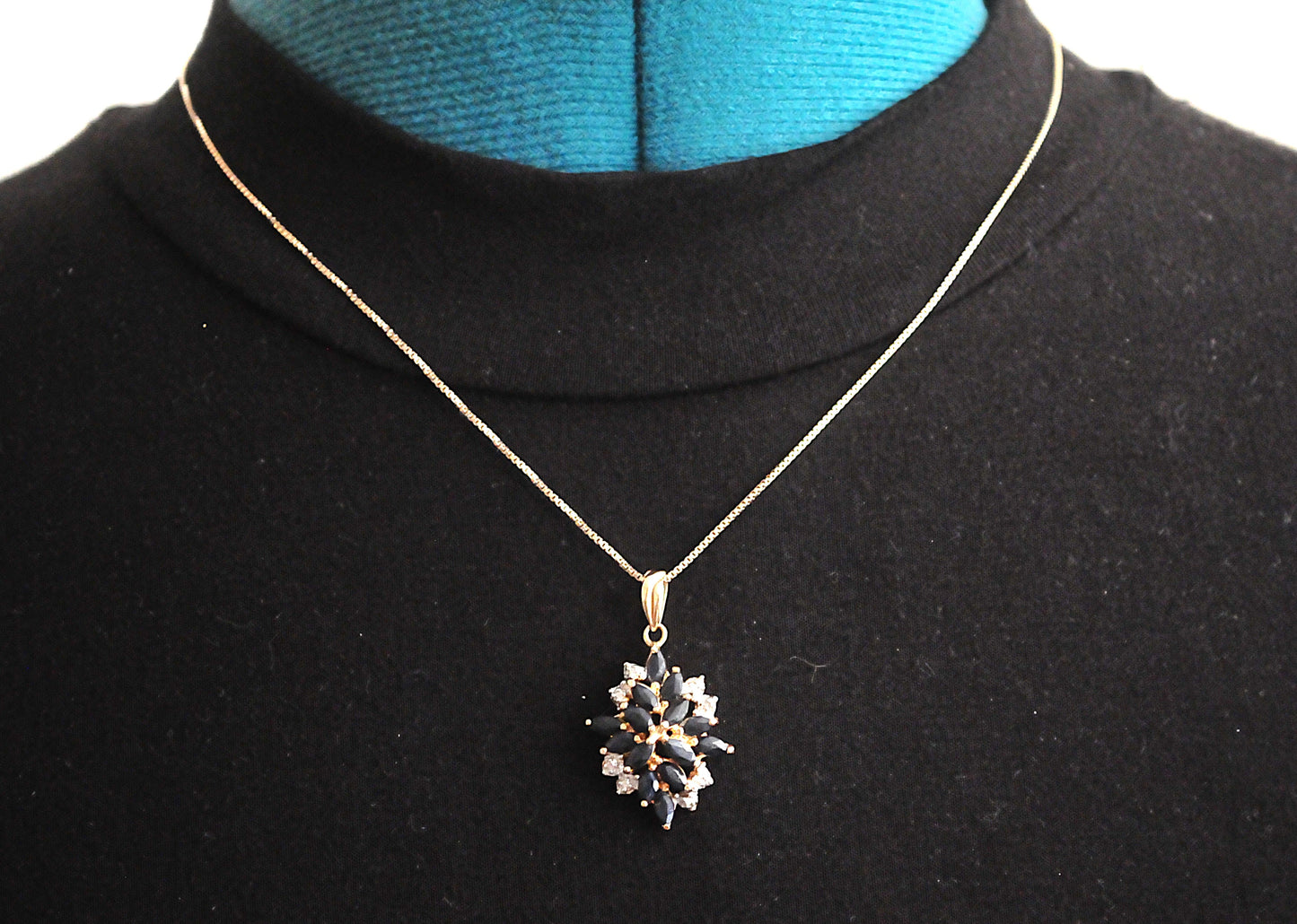 Designer Gold over Sterling Silver Sapphire Diamond Cluster Pendant Necklace