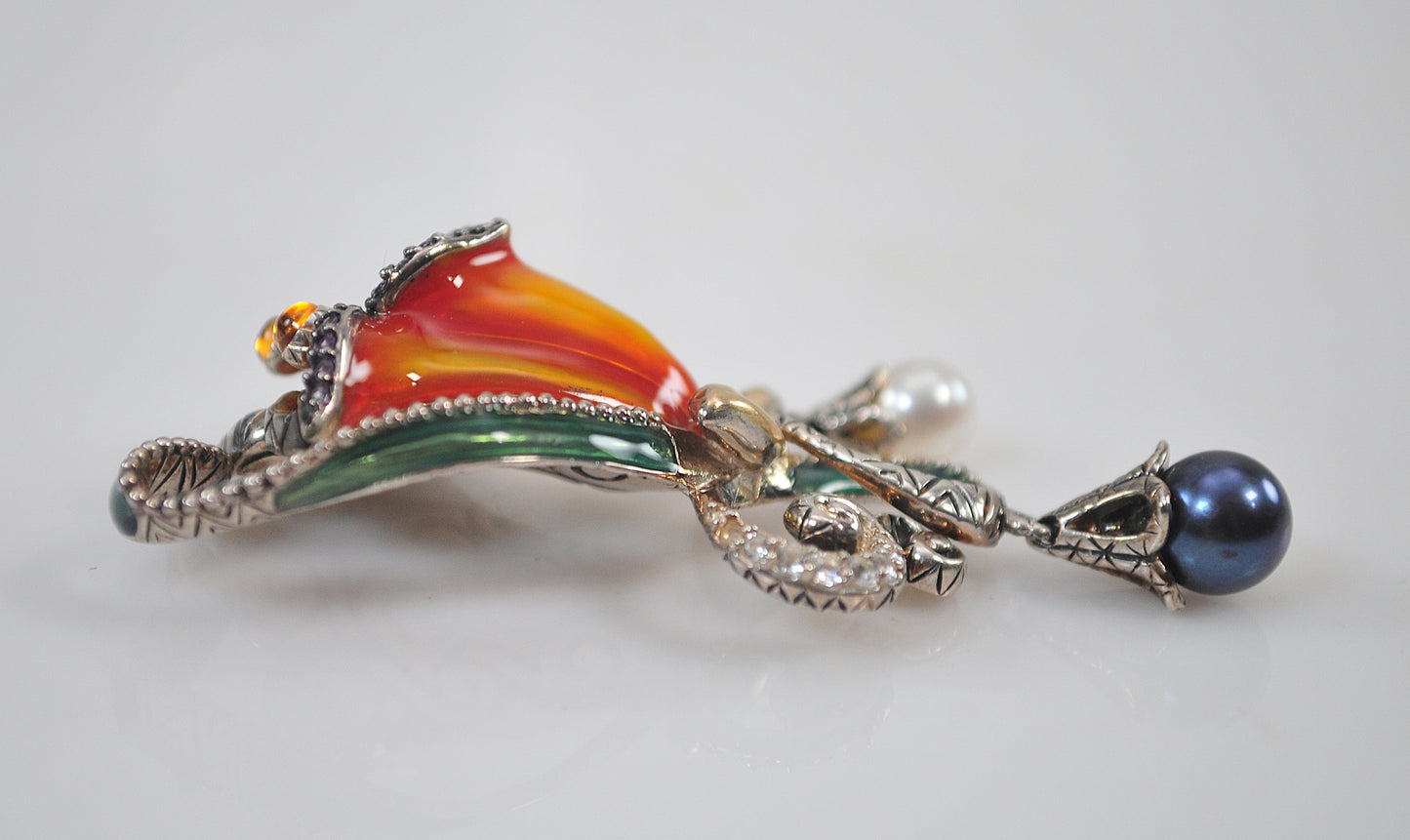 As is - Barbara Bixby Sterling Silver 18K Gold Enamel Flower Enhancer Pendant