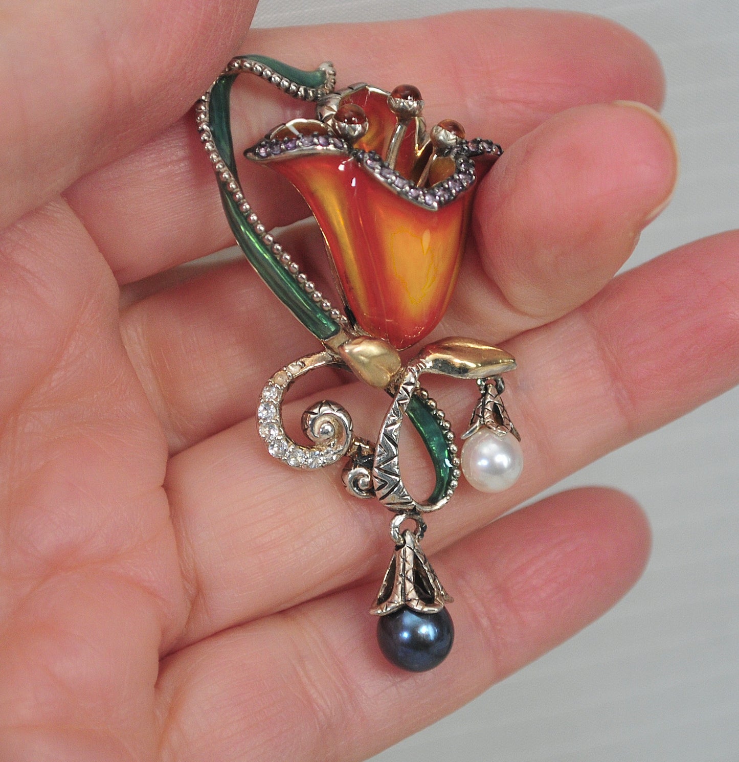 As is - Barbara Bixby Sterling Silver 18K Gold Enamel Flower Enhancer Pendant