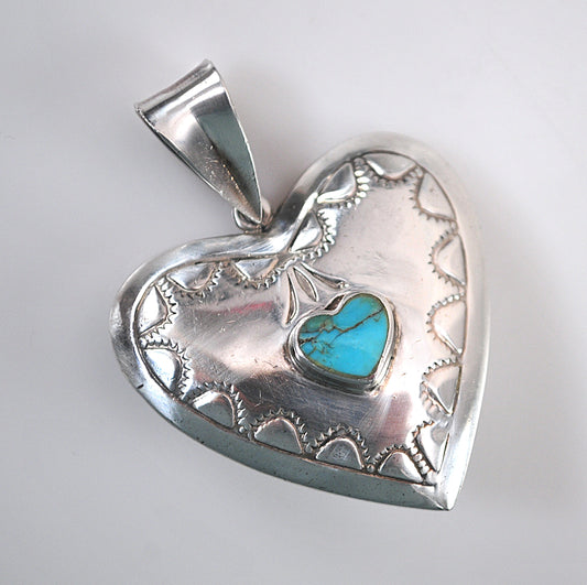 Large Reversible Sterling Silver Turquoise Lapis Puffy heart Pendant