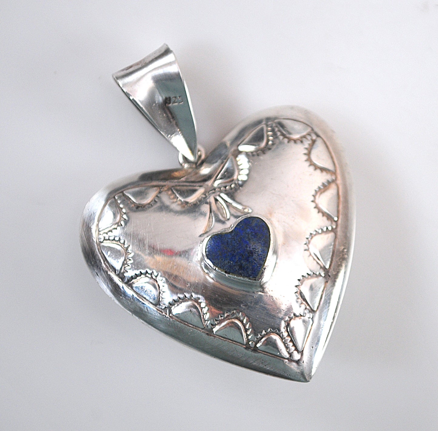 Large Reversible Sterling Silver Turquoise Lapis Puffy heart Pendant