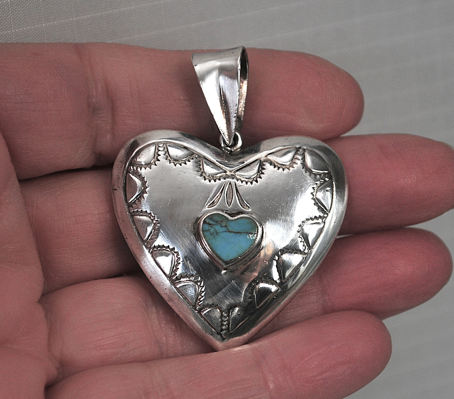 Large Reversible Sterling Silver Turquoise Lapis Puffy heart Pendant