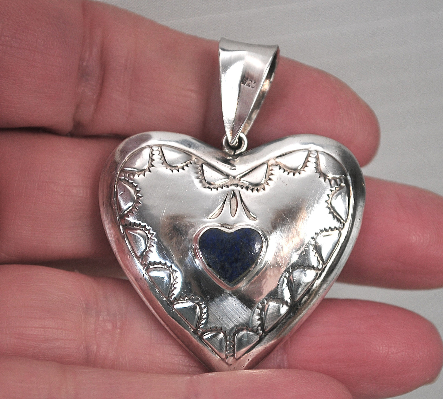 Large Reversible Sterling Silver Turquoise Lapis Puffy heart Pendant