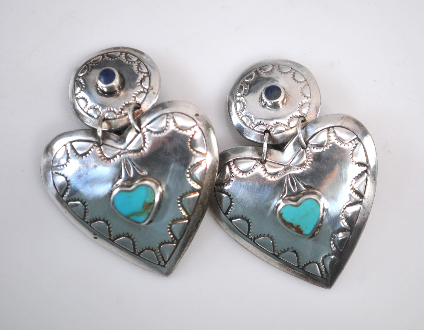 Large Sterling Silver Turquoise Lapis Clip On Heart Earrings