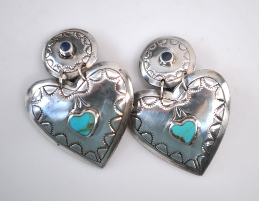 Large Sterling Silver Turquoise Lapis Clip On Heart Earrings