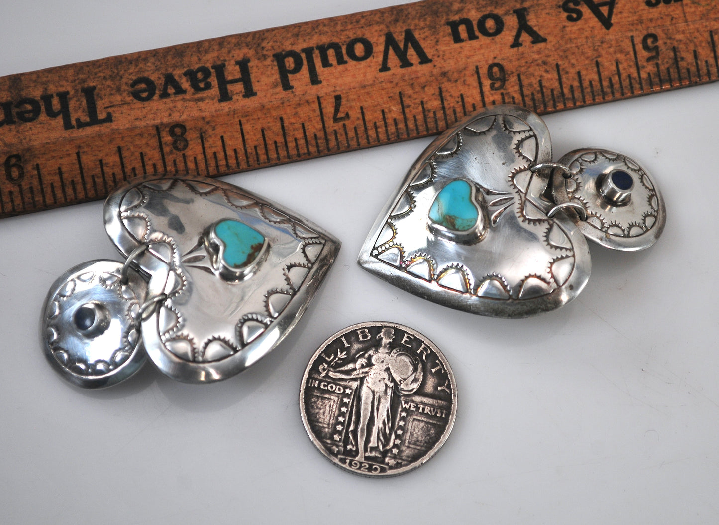 Large Sterling Silver Turquoise Lapis Clip On Heart Earrings