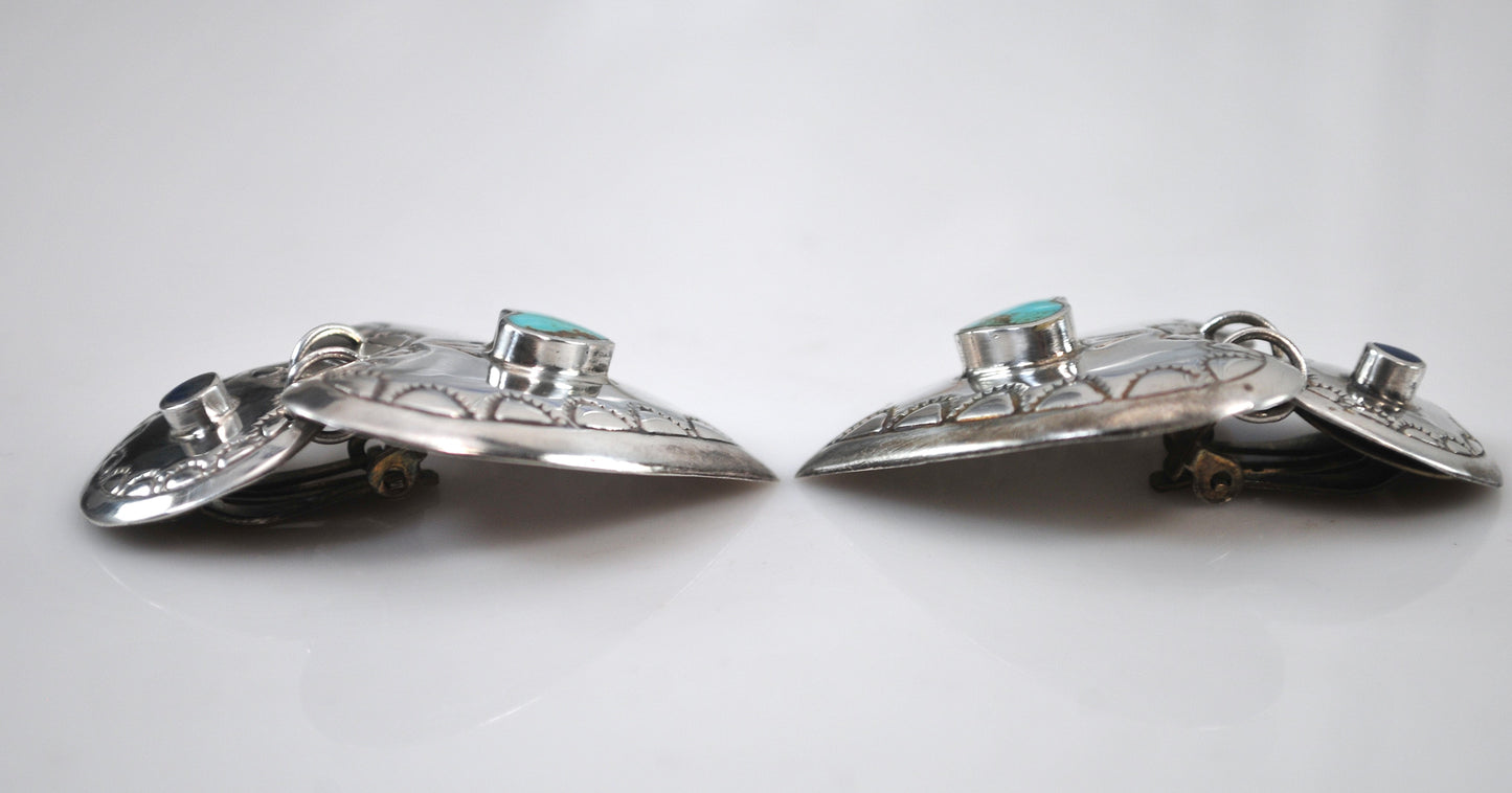 Large Sterling Silver Turquoise Lapis Clip On Heart Earrings