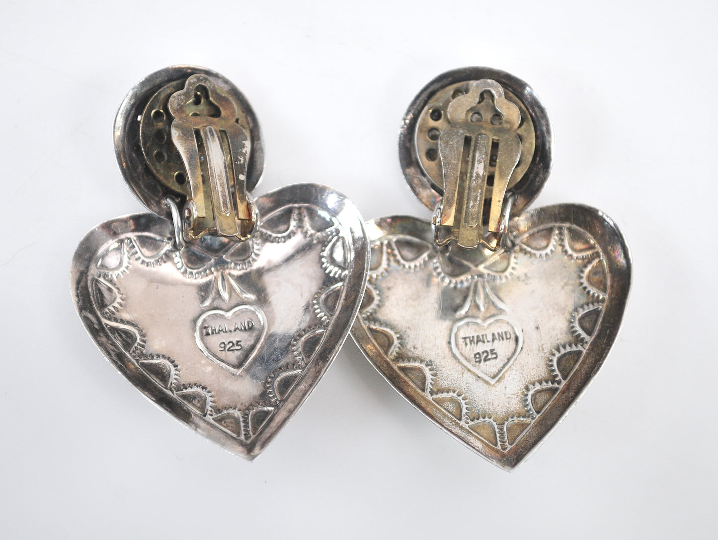 Large Sterling Silver Turquoise Lapis Clip On Heart Earrings