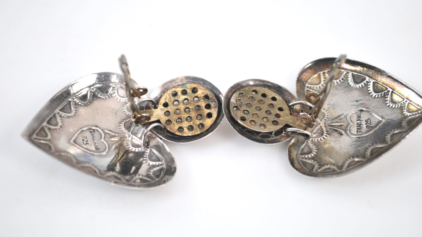 Large Sterling Silver Turquoise Lapis Clip On Heart Earrings