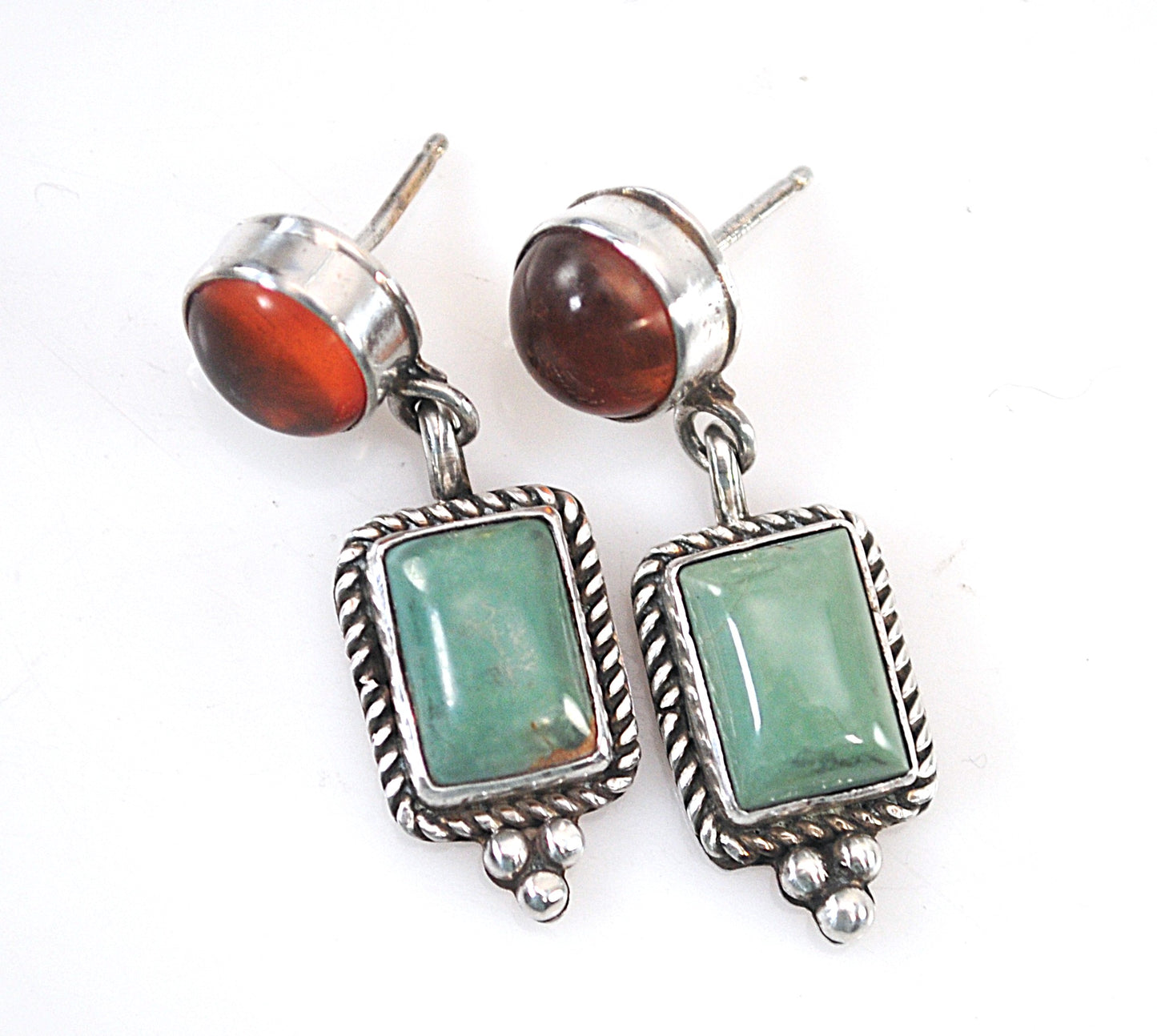 Ray Bennett Navajo Sterling Silver Green Turquoise Amber Earrings