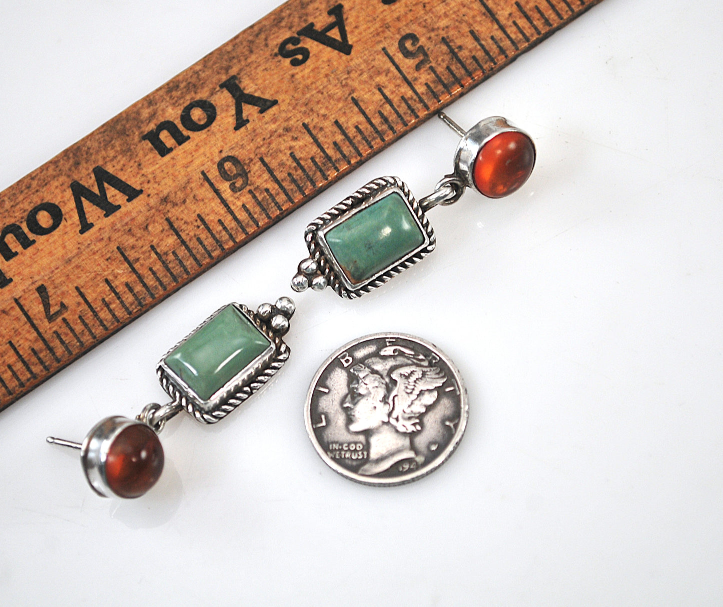 Ray Bennett Navajo Sterling Silver Green Turquoise Amber Earrings