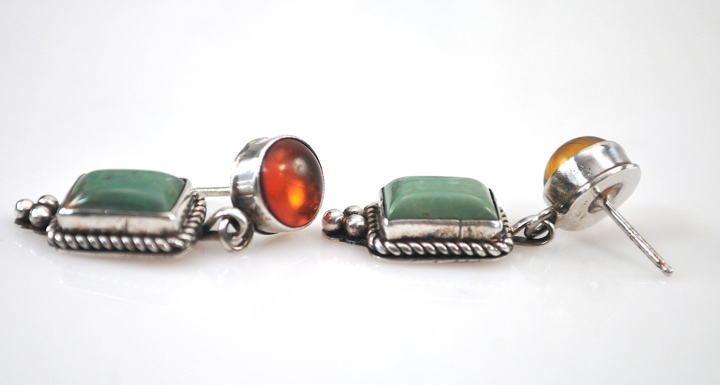 Ray Bennett Navajo Sterling Silver Green Turquoise Amber Earrings