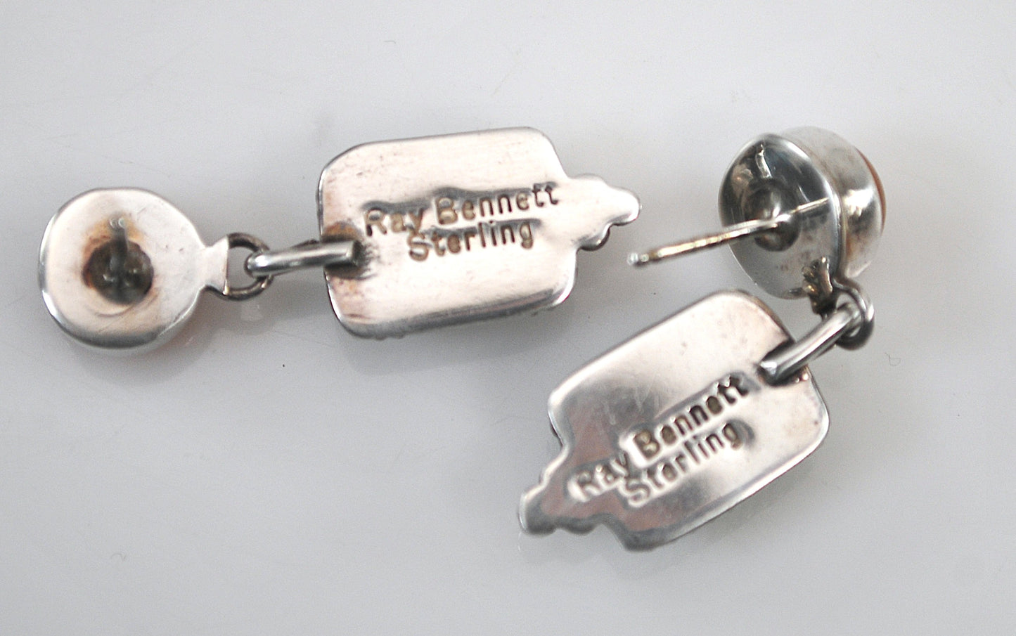 Ray Bennett Navajo Sterling Silver Green Turquoise Amber Earrings