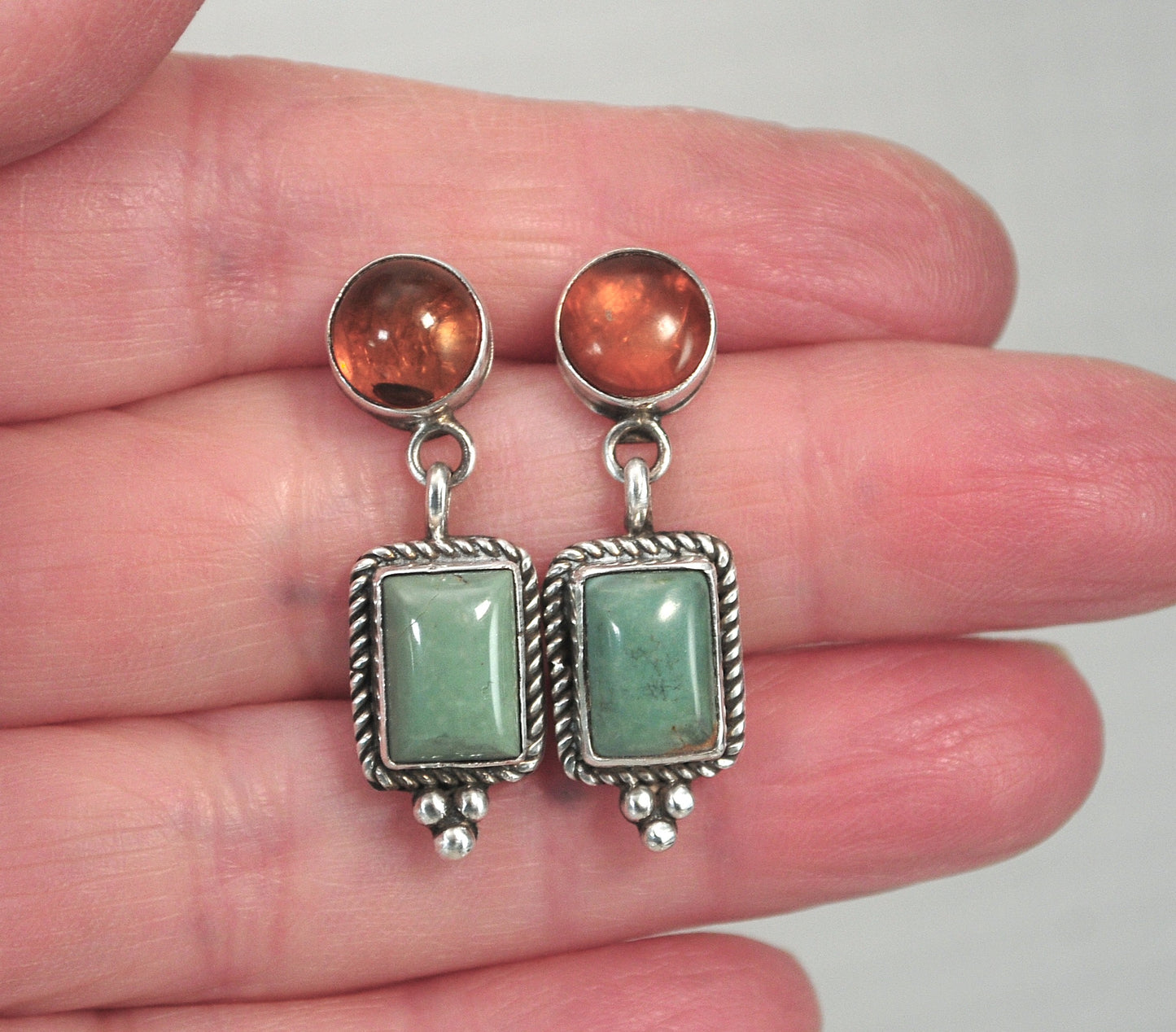 Ray Bennett Navajo Sterling Silver Green Turquoise Amber Earrings