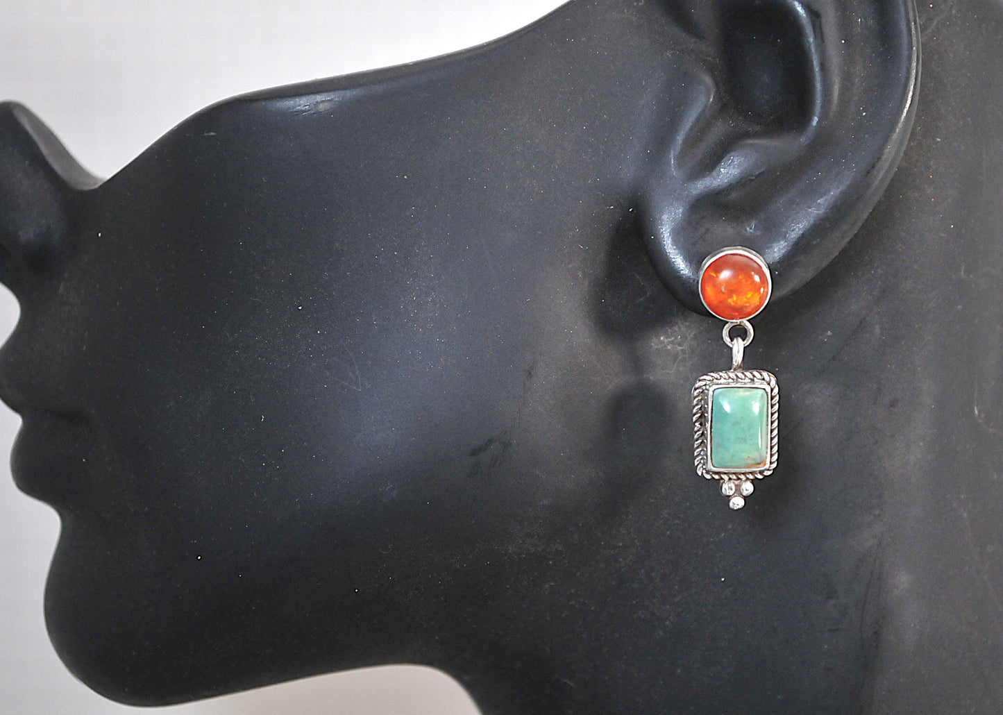 Ray Bennett Navajo Sterling Silver Green Turquoise Amber Earrings