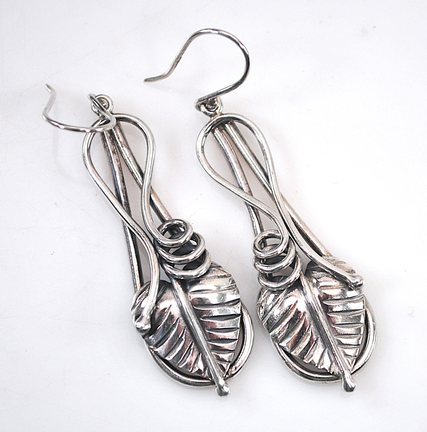 Signed Sterling Silver Leaf Earrings