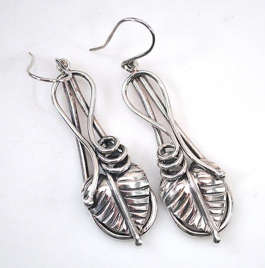 Signed Sterling Silver Leaf Earrings