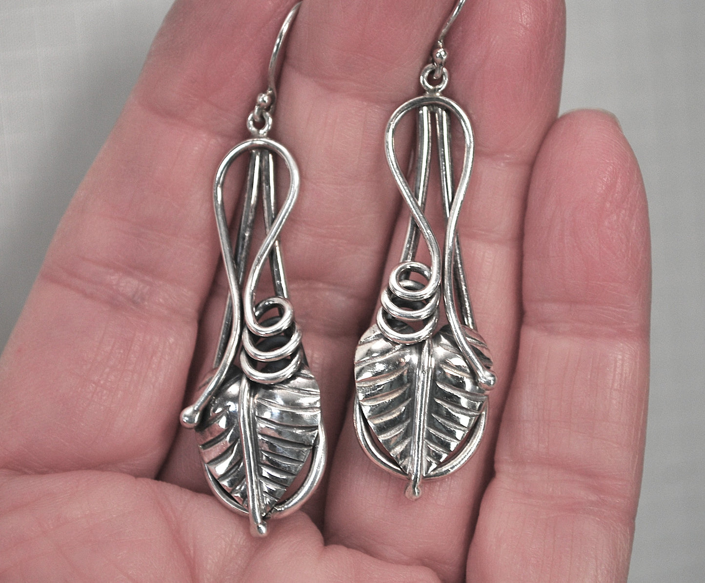 Signed Sterling Silver Leaf Earrings