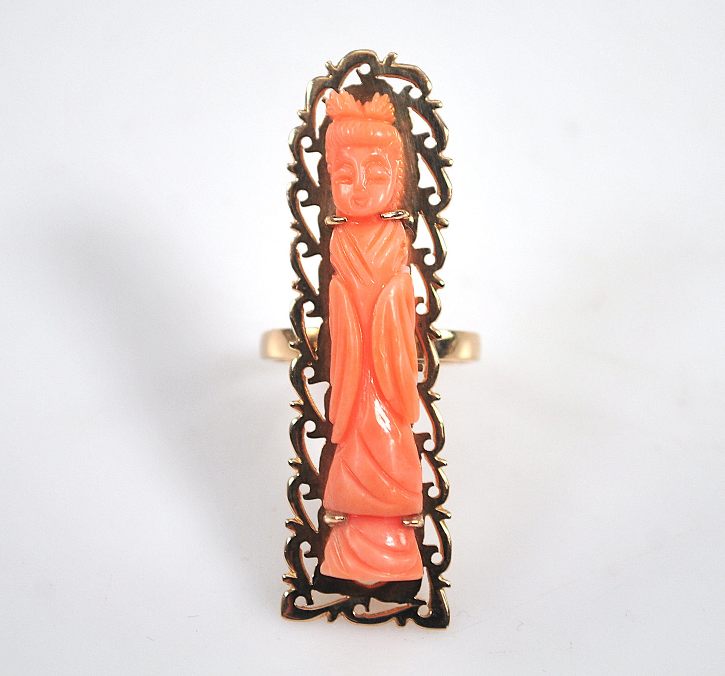 Antique 14K Gold Chinese Carved Coral Buddhist Ring