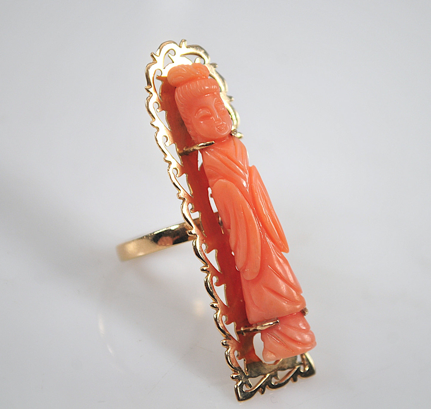 Antique 14K Gold Chinese Carved Coral Buddhist Ring