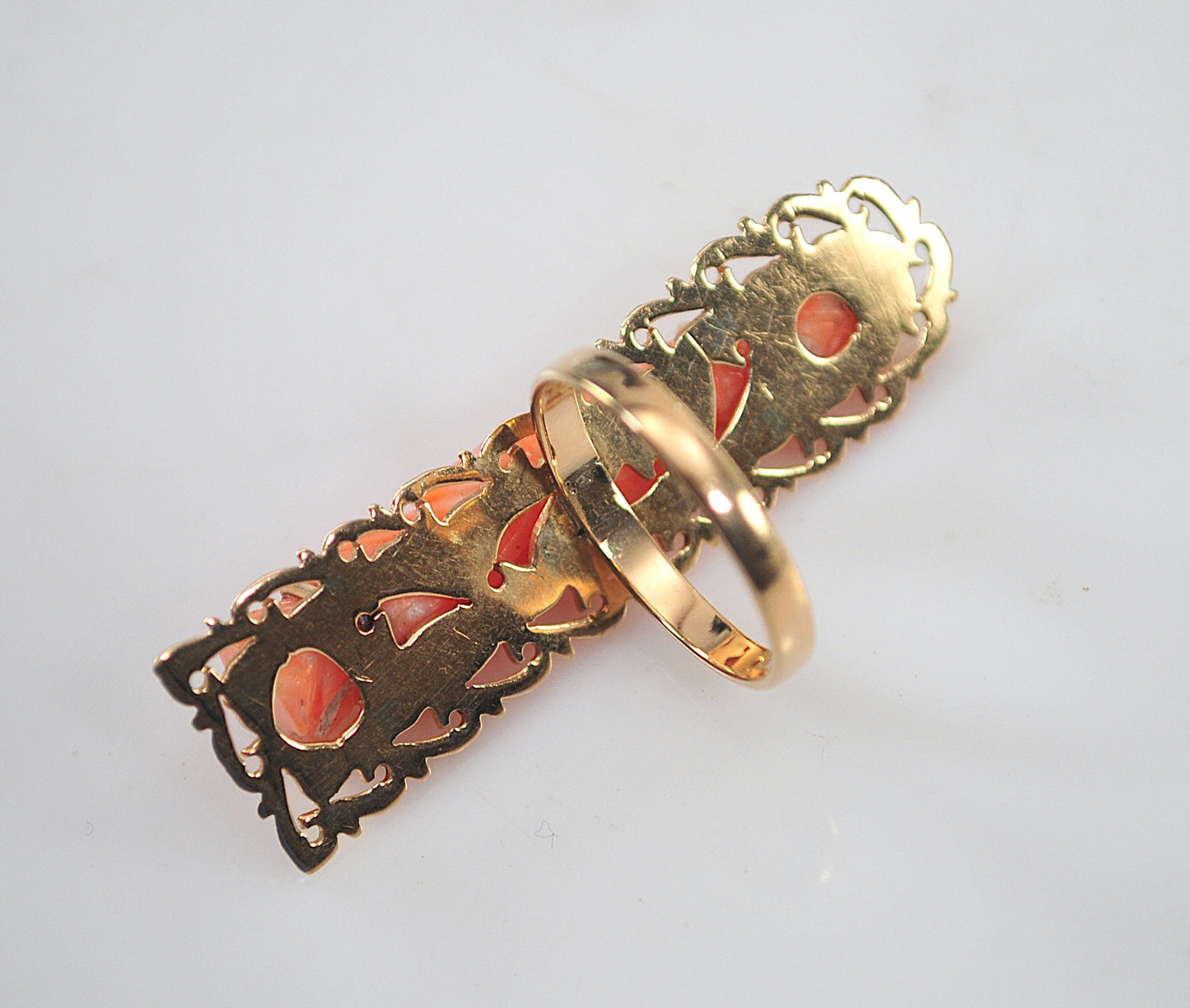Antique 14K Gold Chinese Carved Coral Buddhist Ring