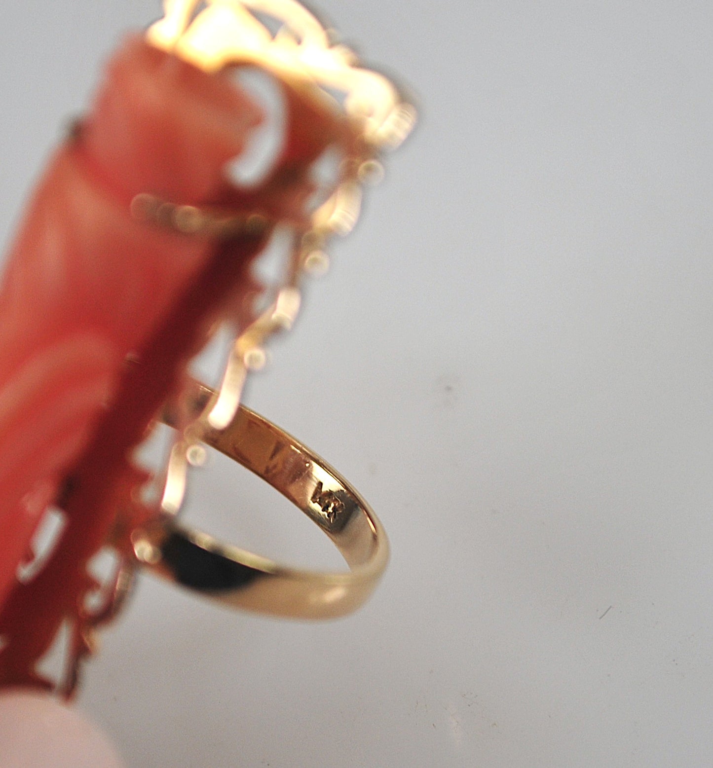 Antique 14K Gold Chinese Carved Coral Buddhist Ring