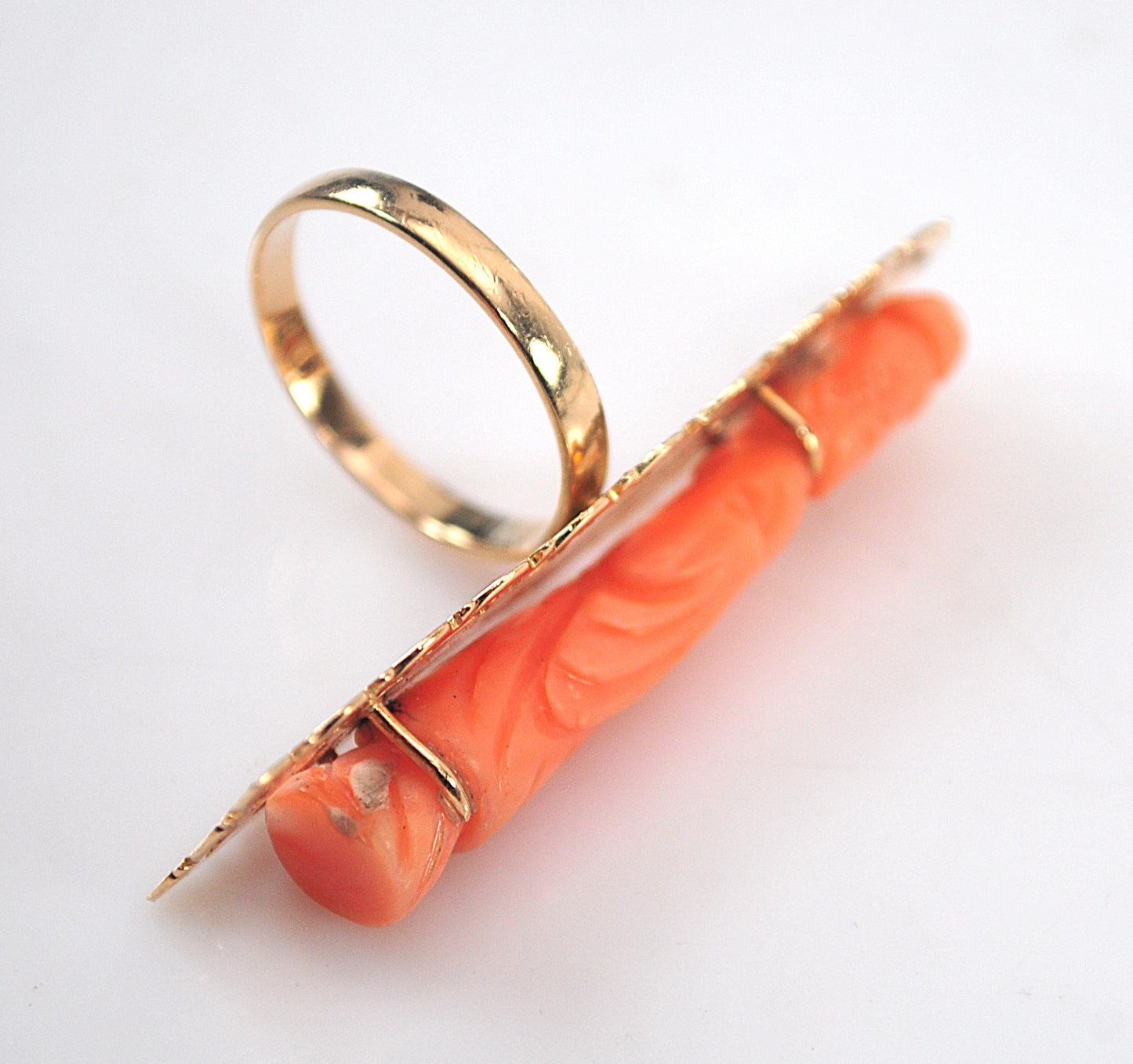 Antique 14K Gold Chinese Carved Coral Buddhist Ring