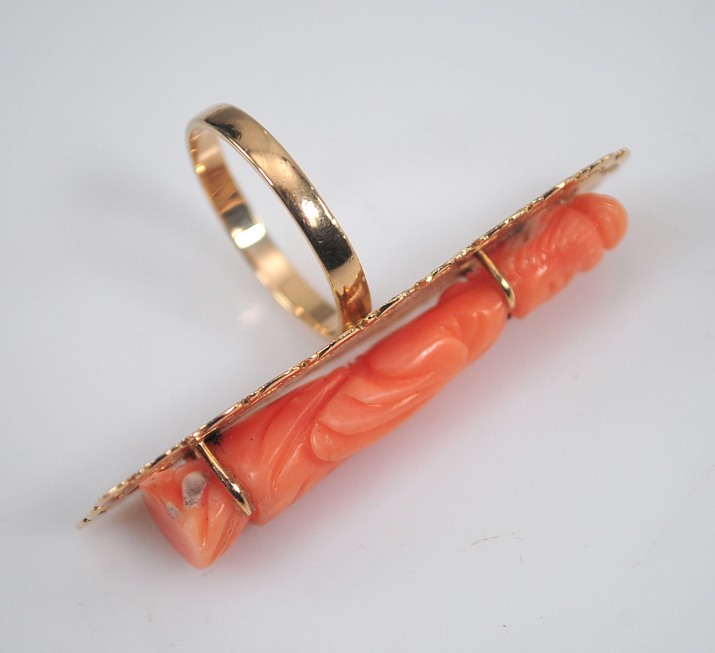 Antique 14K Gold Chinese Carved Coral Buddhist Ring