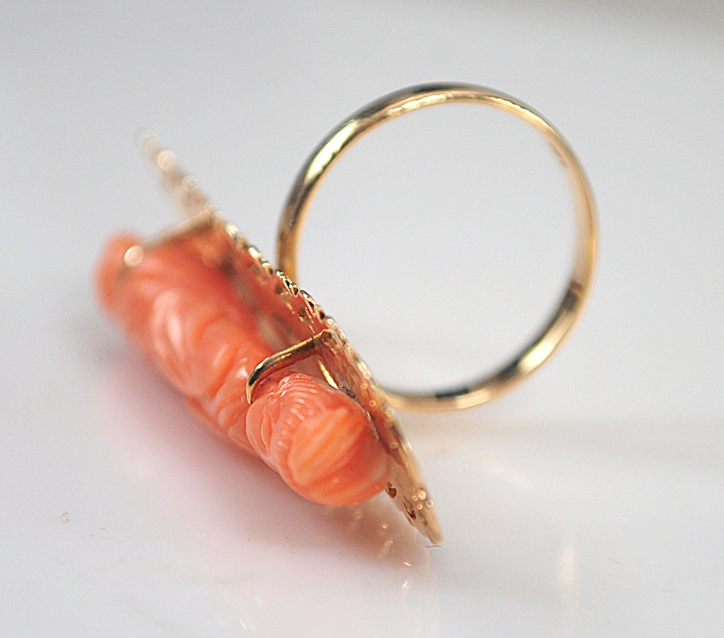 Antique 14K Gold Chinese Carved Coral Buddhist Ring