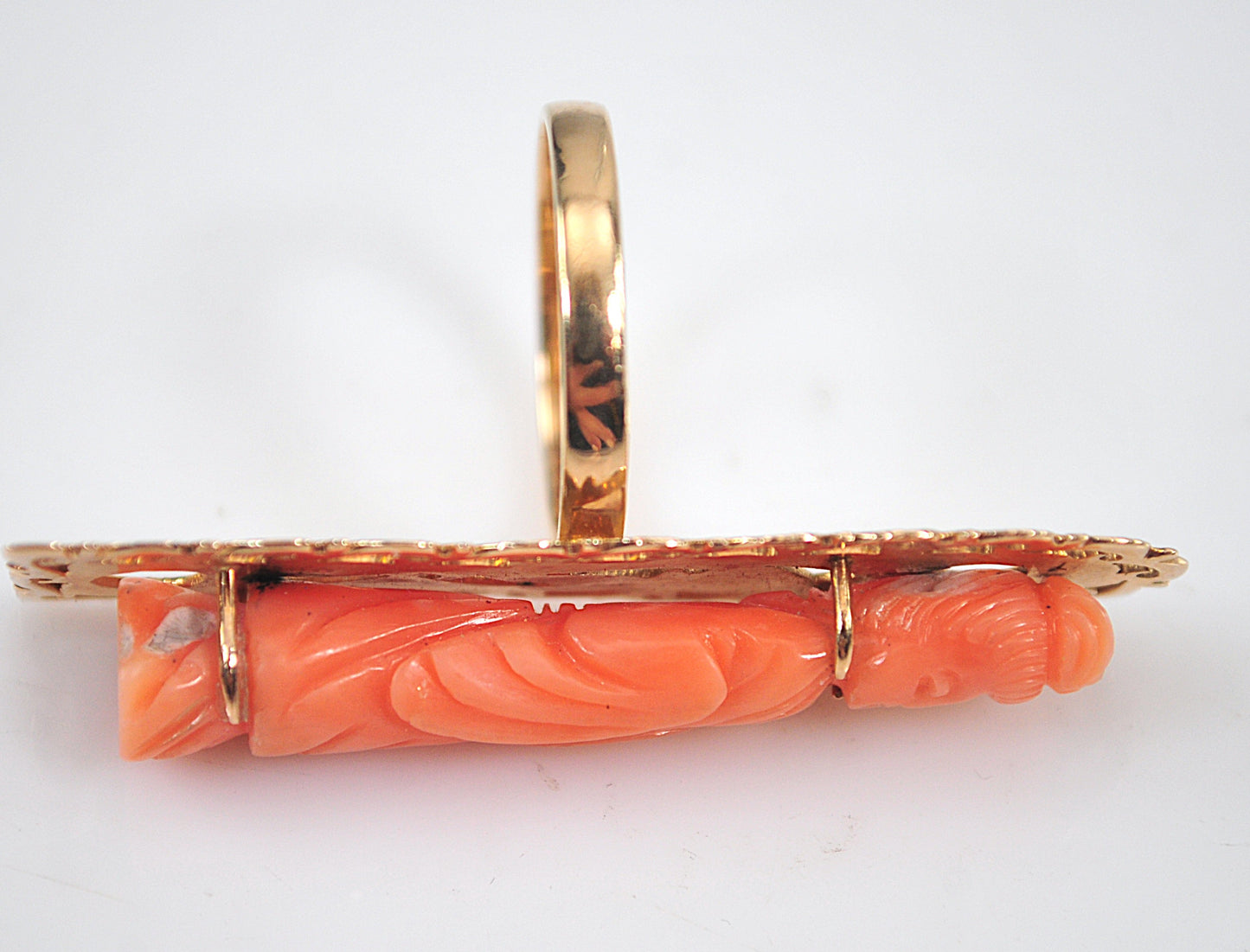Antique 14K Gold Chinese Carved Coral Buddhist Ring