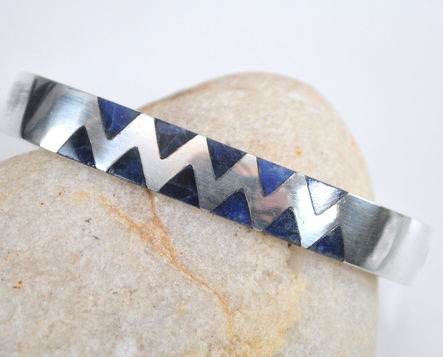 Signed Sterling Silver Lapis Geometric Bangle Bracelet