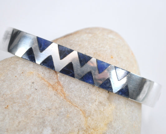 Signed Sterling Silver Lapis Geometric Bangle Bracelet