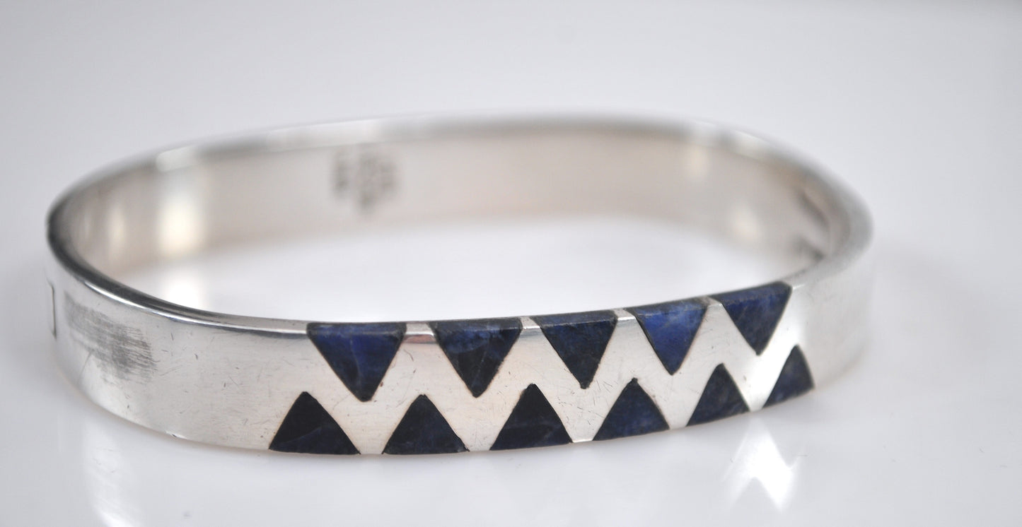 Signed Sterling Silver Lapis Geometric Bangle Bracelet