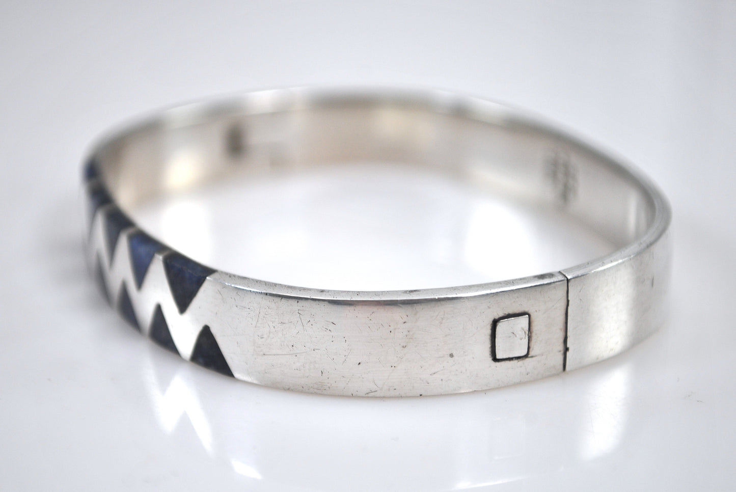 Signed Sterling Silver Lapis Geometric Bangle Bracelet