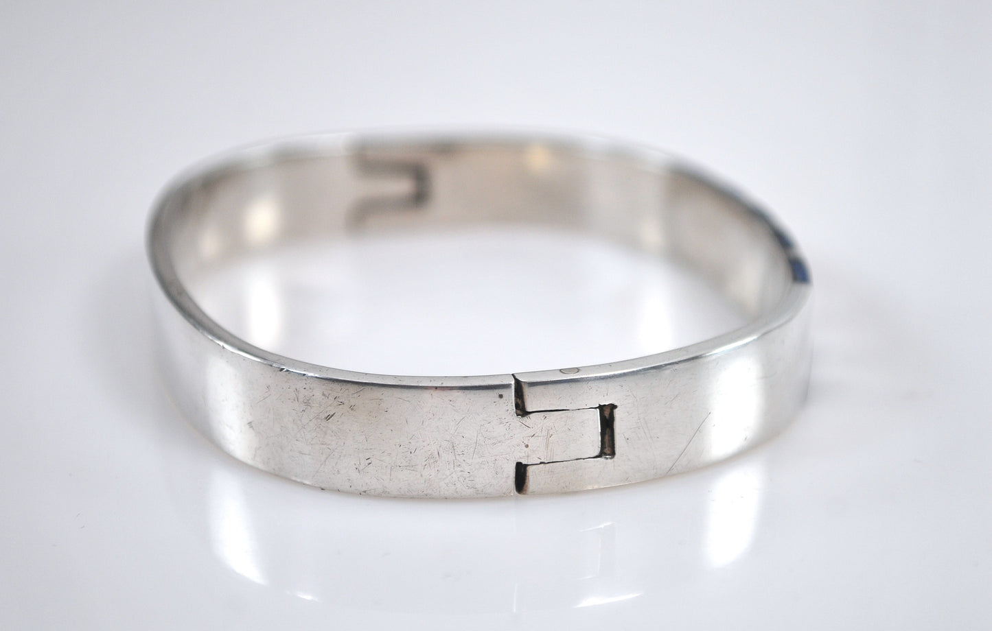 Signed Sterling Silver Lapis Geometric Bangle Bracelet